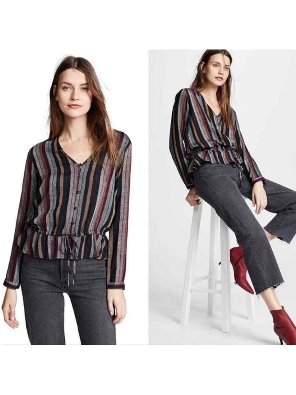 Rails striped tie-waist long-sleeved top size medium gauzy with gold thread